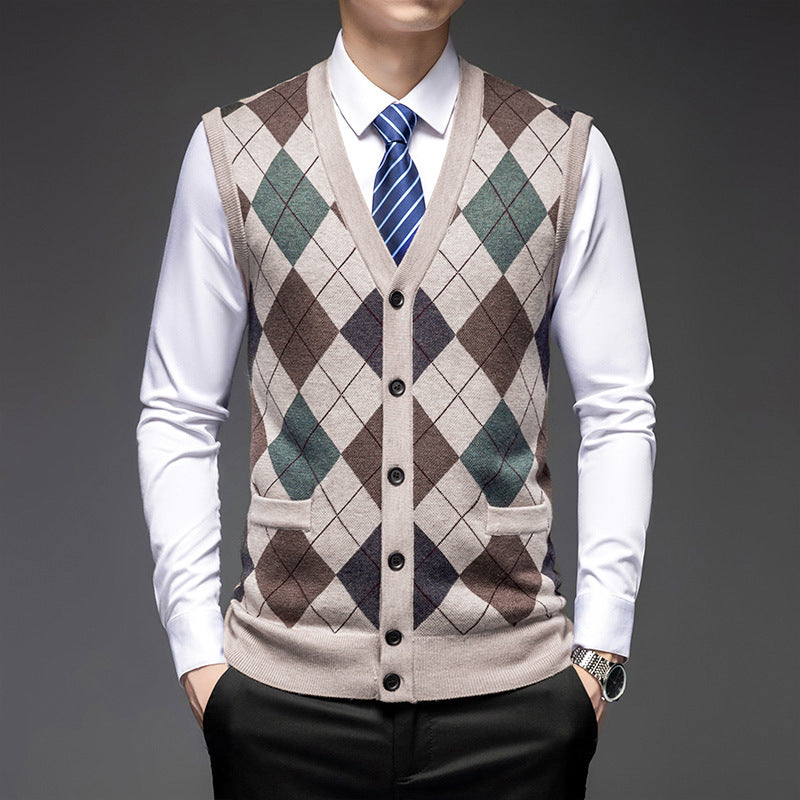 Men's Knitted Sleeveless Wool Cardigan V-Neck Vest with Pockets