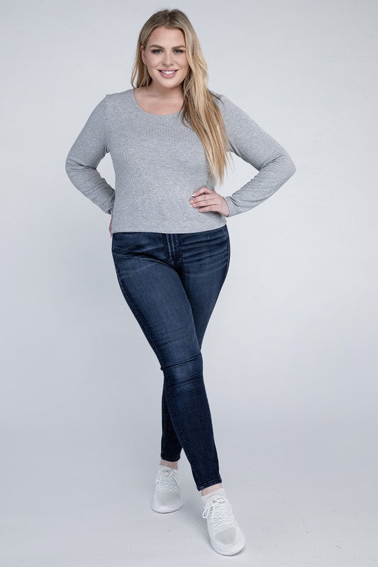 Plus Size Ribbed Round Neck Long Sleeve Shirt