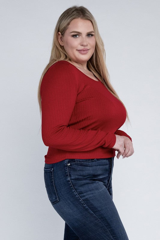 Plus Size Ribbed Round Neck Long Sleeve Shirt