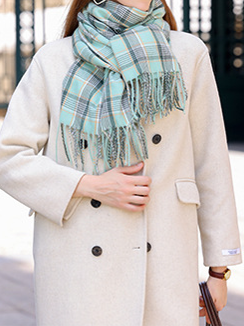 Soft Warm Light Blue Plaid Fringe-Hem Scarf