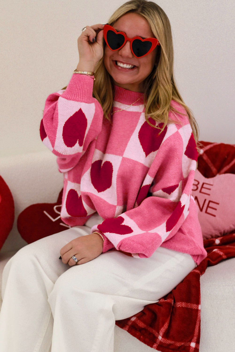 Pink Love Heart Checkered Crew Neck Sweater