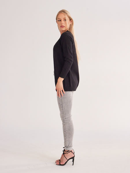 Black Long Sleeve Knit Ribbed Cardigan