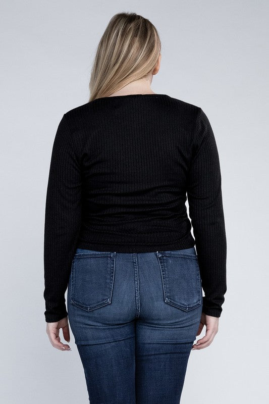 Plus Size Ribbed Round Neck Long Sleeve Shirt