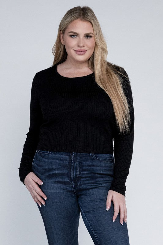 Plus Size Ribbed Round Neck Long Sleeve Shirt