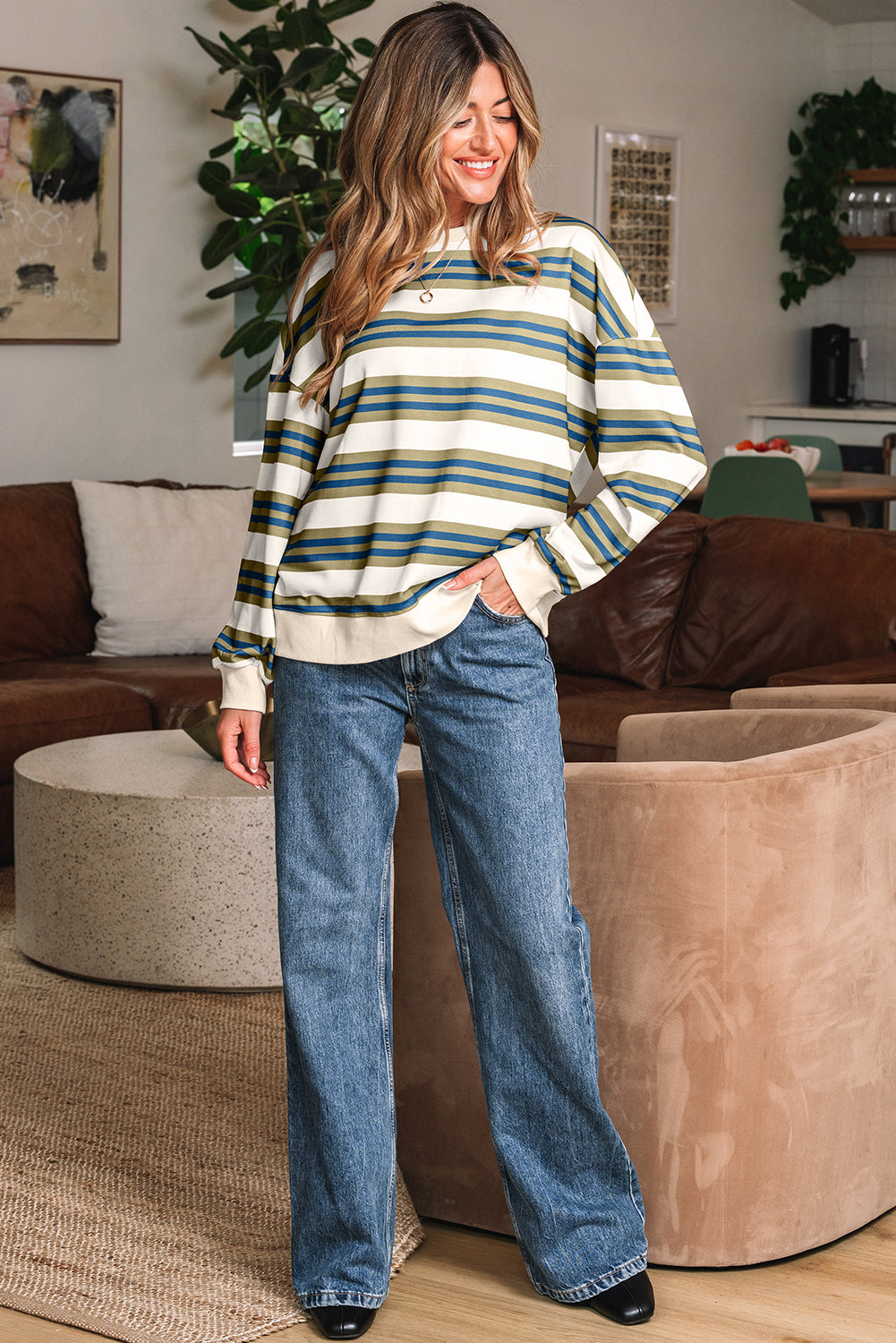 Khaki Stripe Crew Neck Pullover Sweatshirt