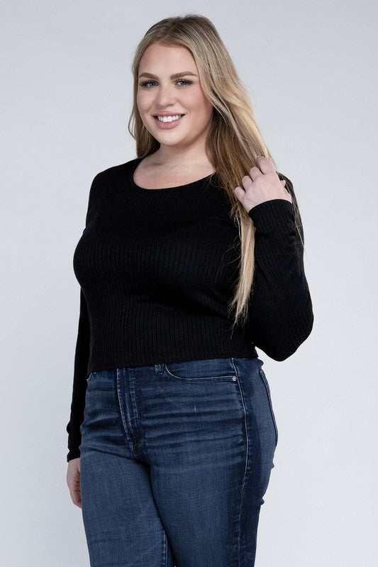 Plus Size Ribbed Round Neck Long Sleeve Shirt