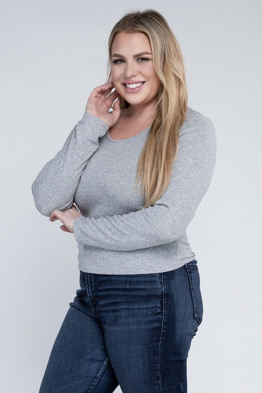 Plus Size Ribbed Round Neck Long Sleeve Shirt