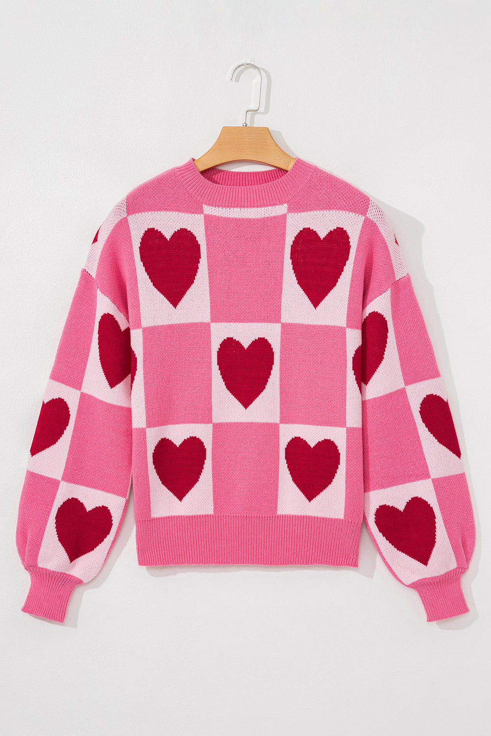 Pink Love Heart Checkered Crew Neck Sweater