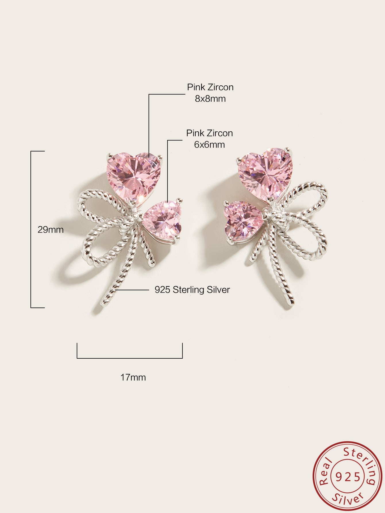 S925 Silver with Pink Heart-shaped CZ Stones Butterfly Bowknot Earrings