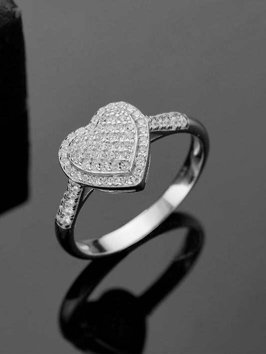 Rhodium-Plated 925 Sterling Silver Micro Pavé-Set Cubic Zirconia Heart Ring