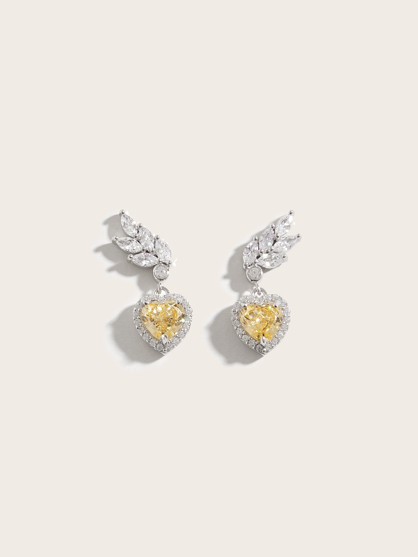 S925 Silver Yellow Heart Ice Leaf CZ Stud Earrings