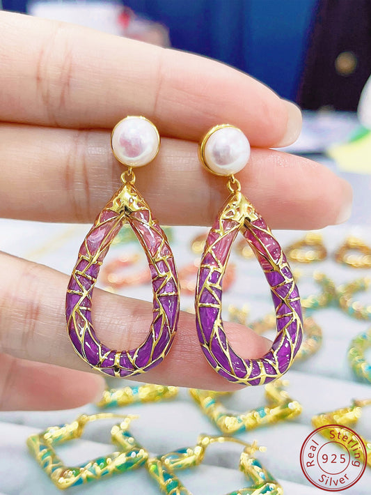 Pair of Golden S925 Silver Earrings with Purple Enamel and Artificial Pearls