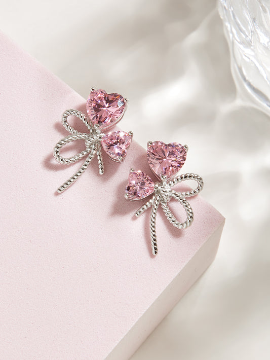 S925 Silver with Pink Heart-shaped CZ Stones Butterfly Bowknot Earrings