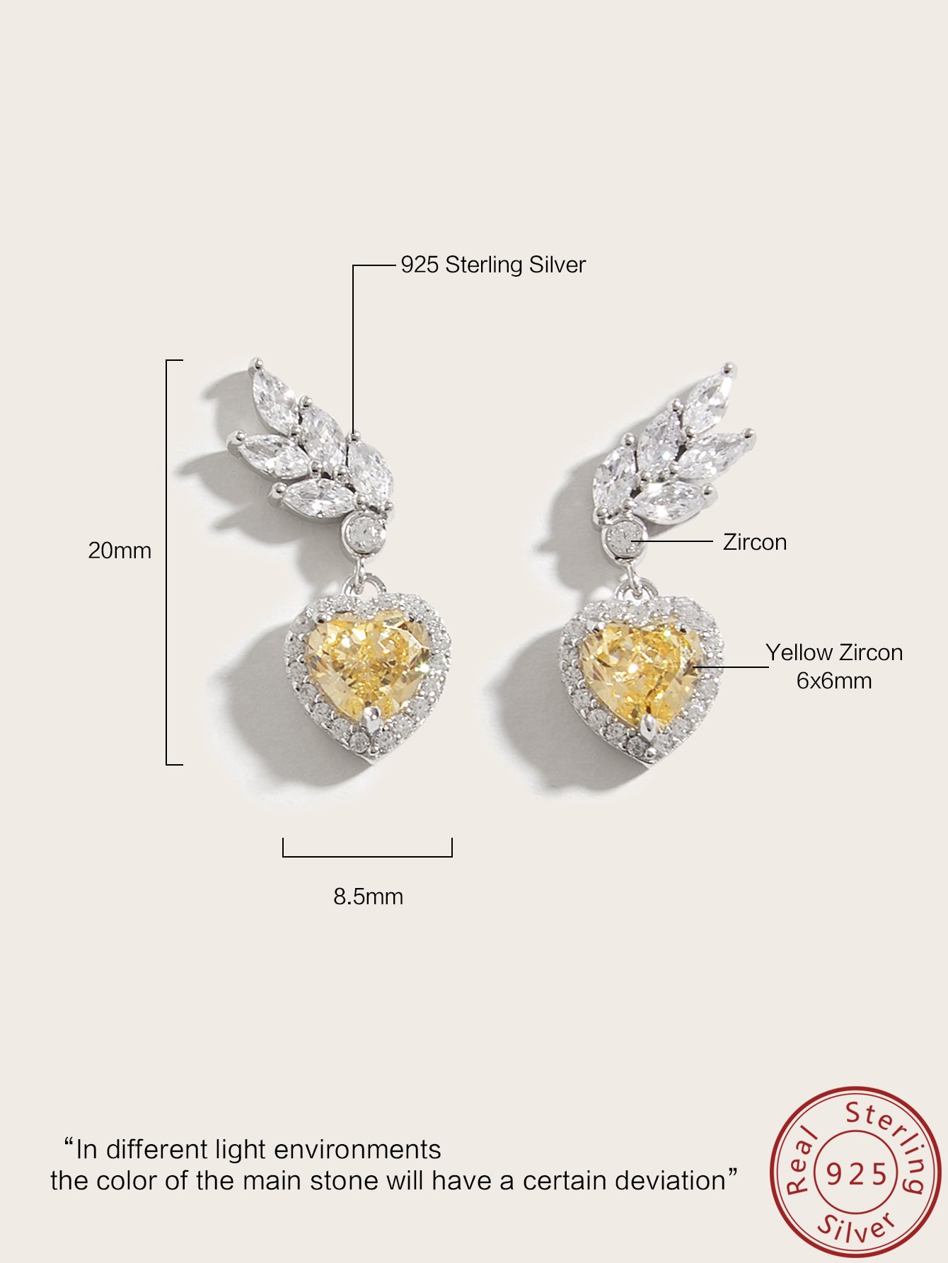 S925 Silver Yellow Heart Ice Leaf CZ Stud Earrings