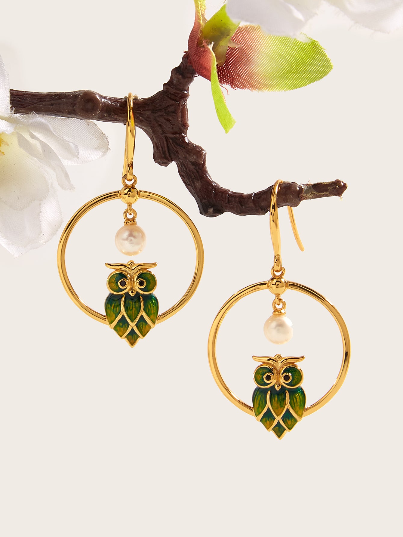 18K Gold-plated Sterling Silver Owl Pendant Earrings with Artificial Pearl