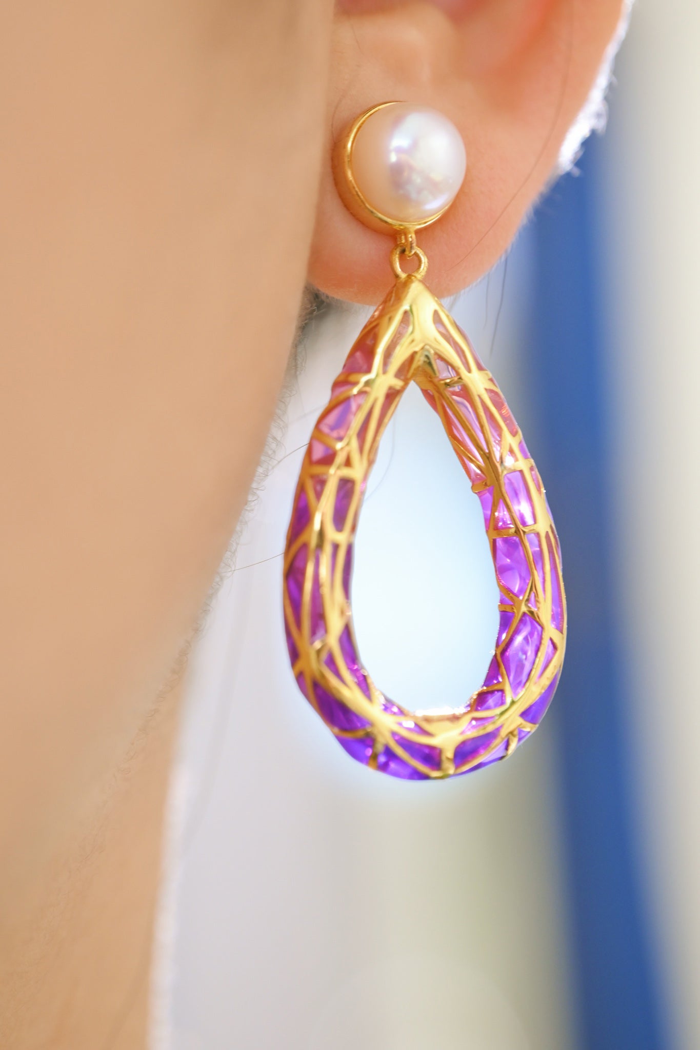 Pair of Golden S925 Silver Earrings with Purple Enamel and Artificial Pearls