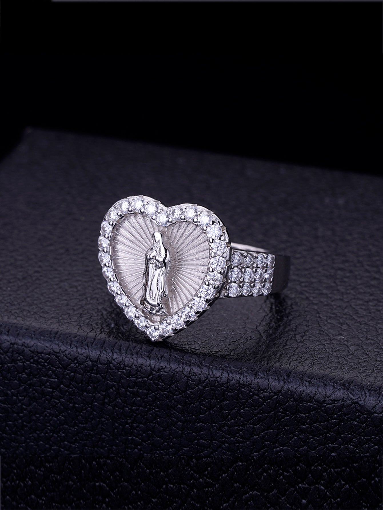 Platinum-Plated Our Lady of Guadalupe Virgin Mary CZ Ring