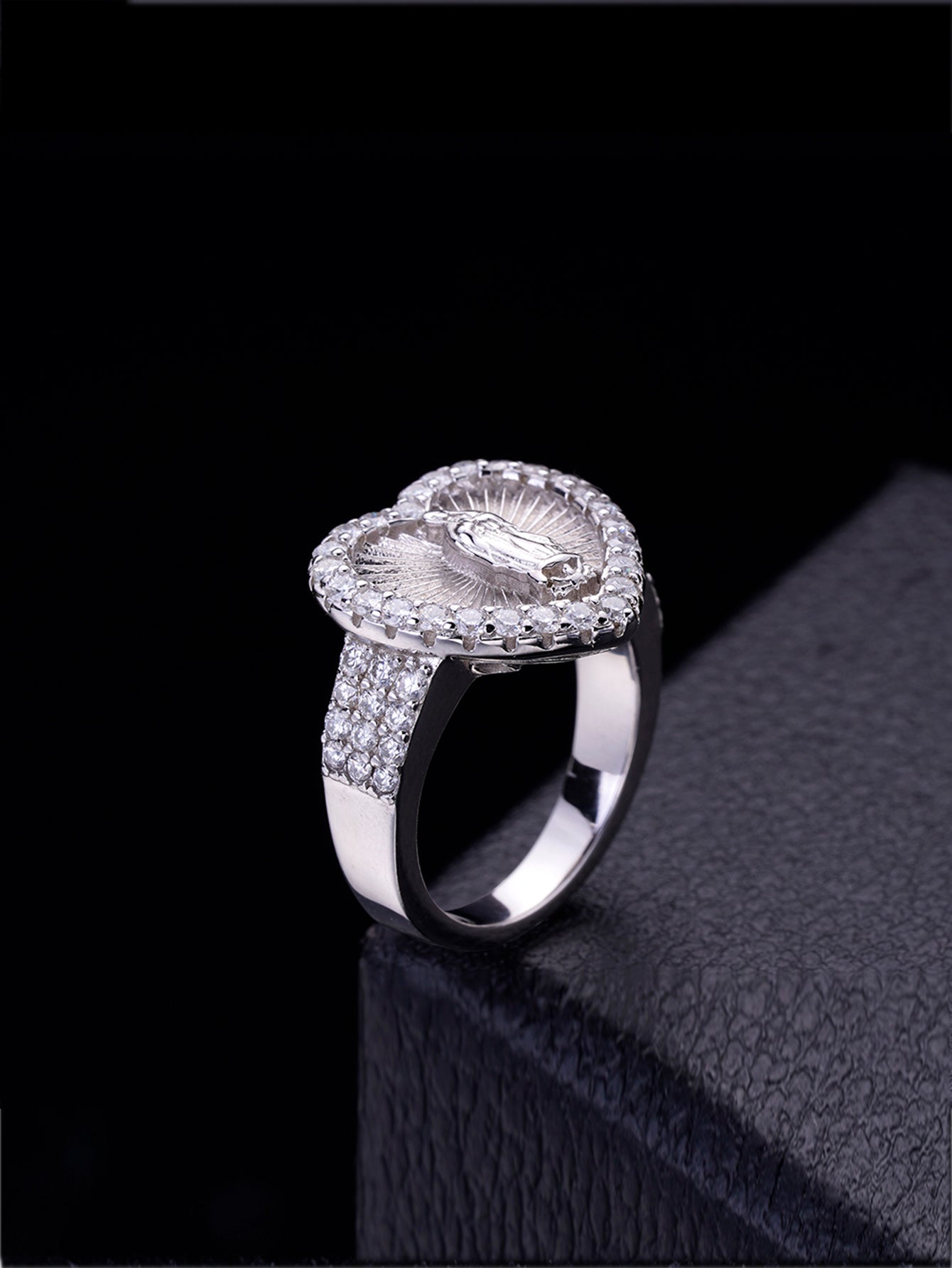 Platinum-Plated Our Lady of Guadalupe Virgin Mary CZ Ring