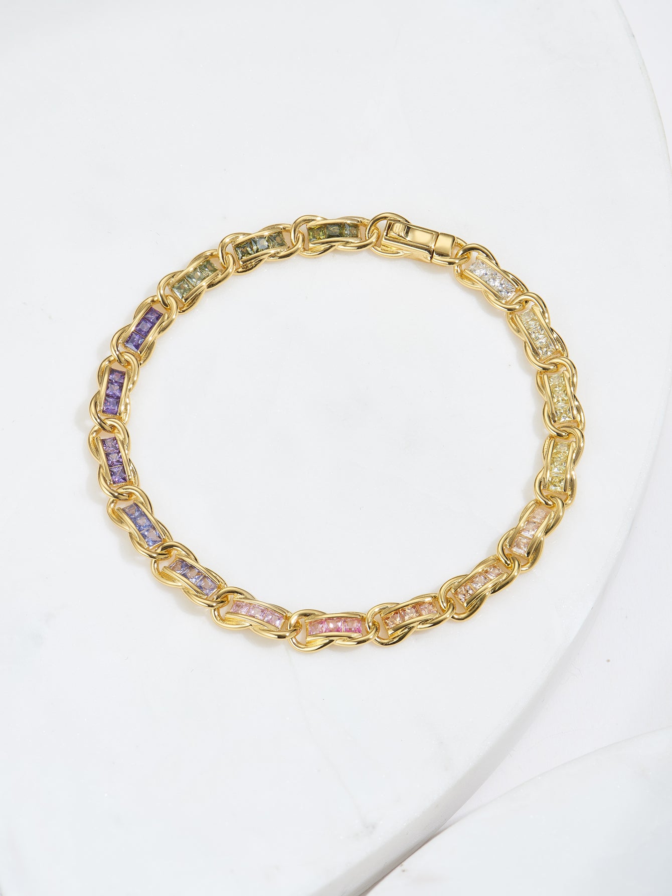 S925 Sterling Silver 18K Gold Plated Luxury Chain Bracelet with Rainbow Zircon