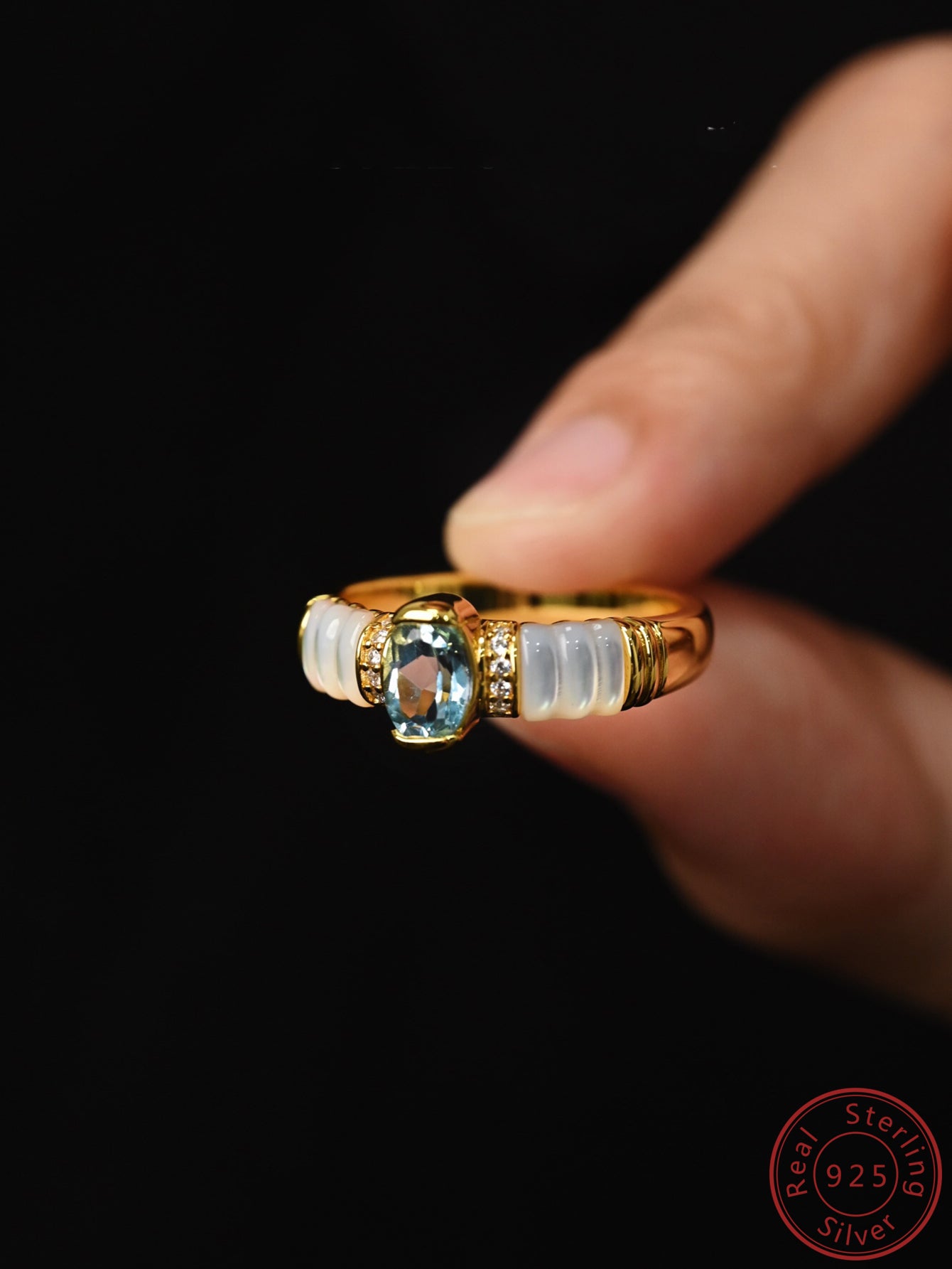 14K Gold-Plated 925 Sterling Silver Open Ring with Natural Topaz and CZ Marquise Stones