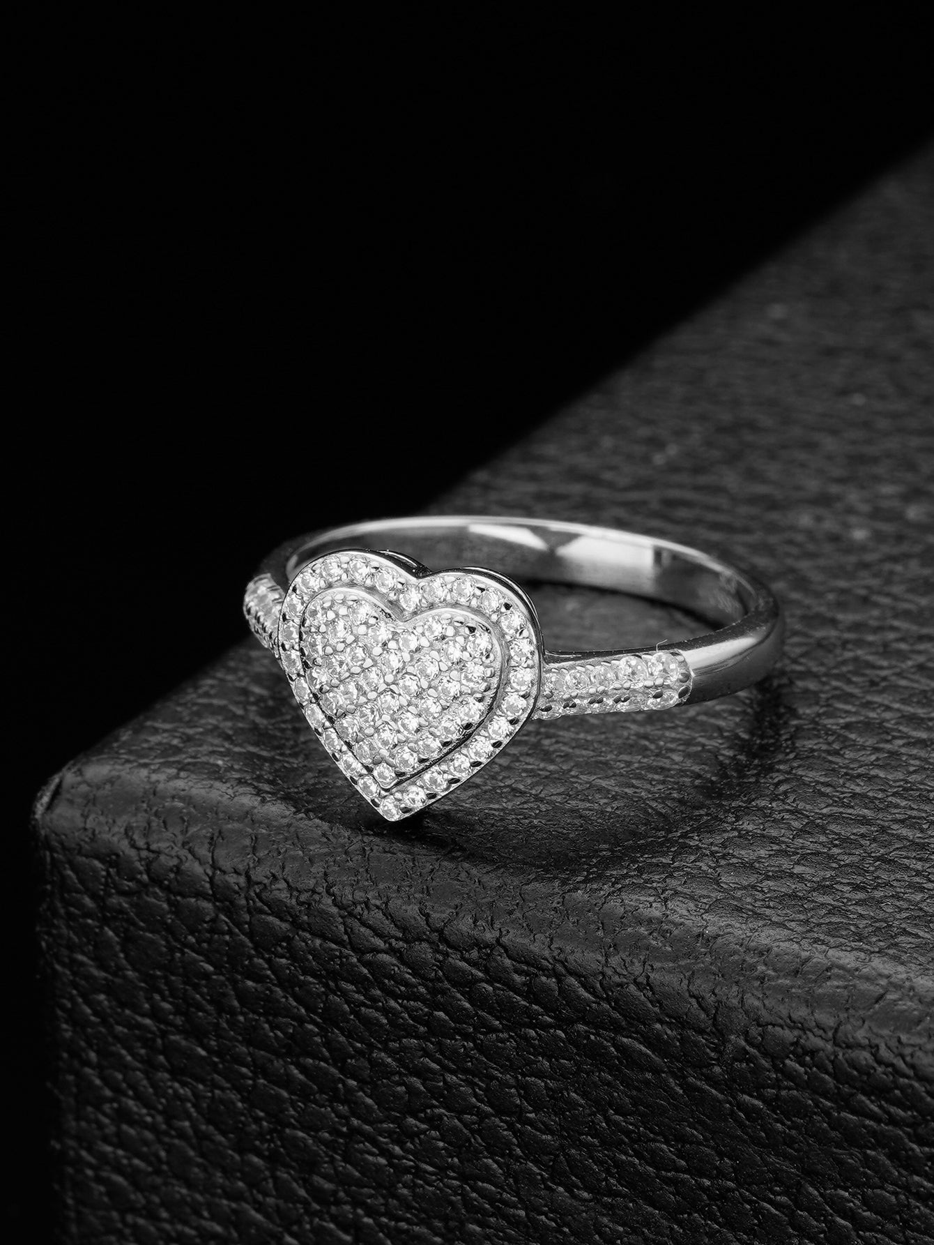 Rhodium-Plated 925 Sterling Silver Micro Pavé-Set Cubic Zirconia Heart Ring