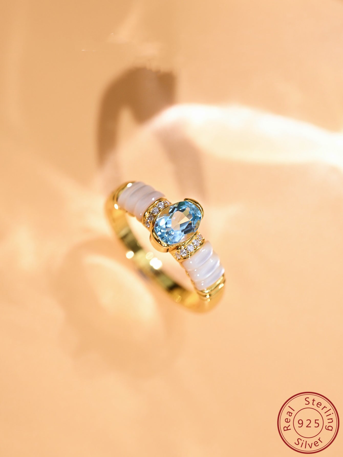 14K Gold-Plated 925 Sterling Silver Open Ring with Natural Topaz and CZ Marquise Stones