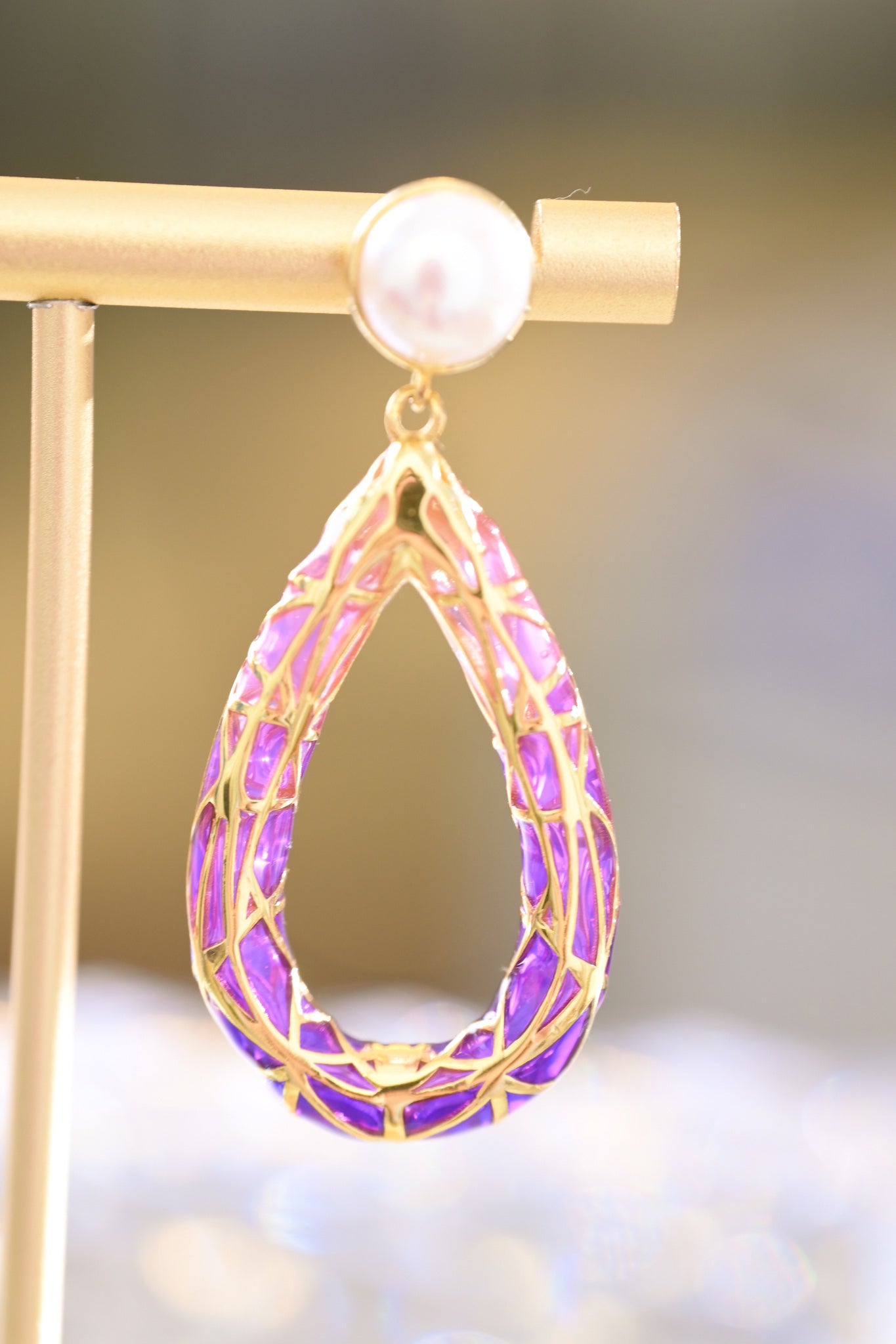 Pair of Golden S925 Silver Earrings with Purple Enamel and Artificial Pearls