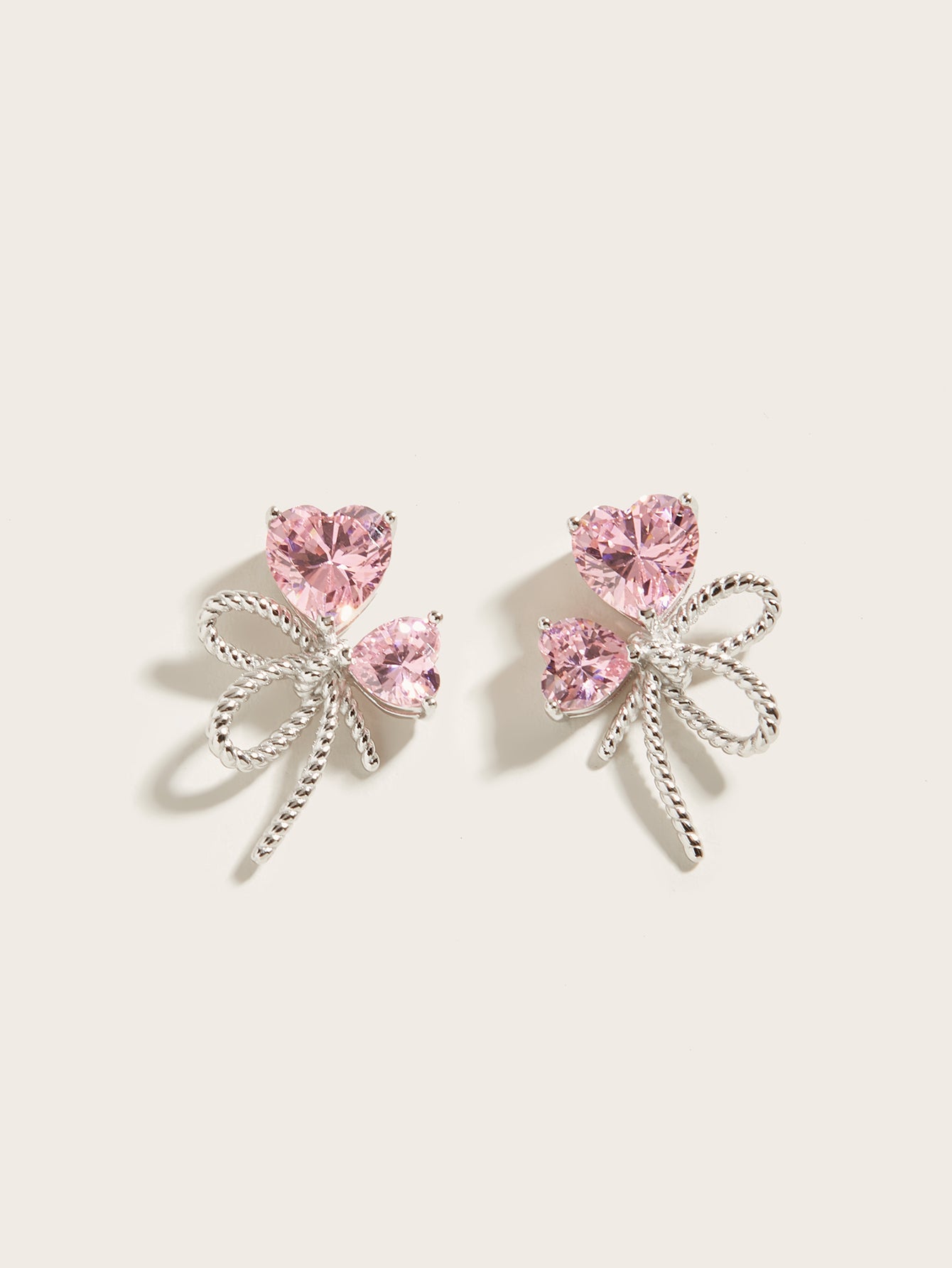 S925 Silver with Pink Heart-shaped CZ Stones Butterfly Bowknot Earrings