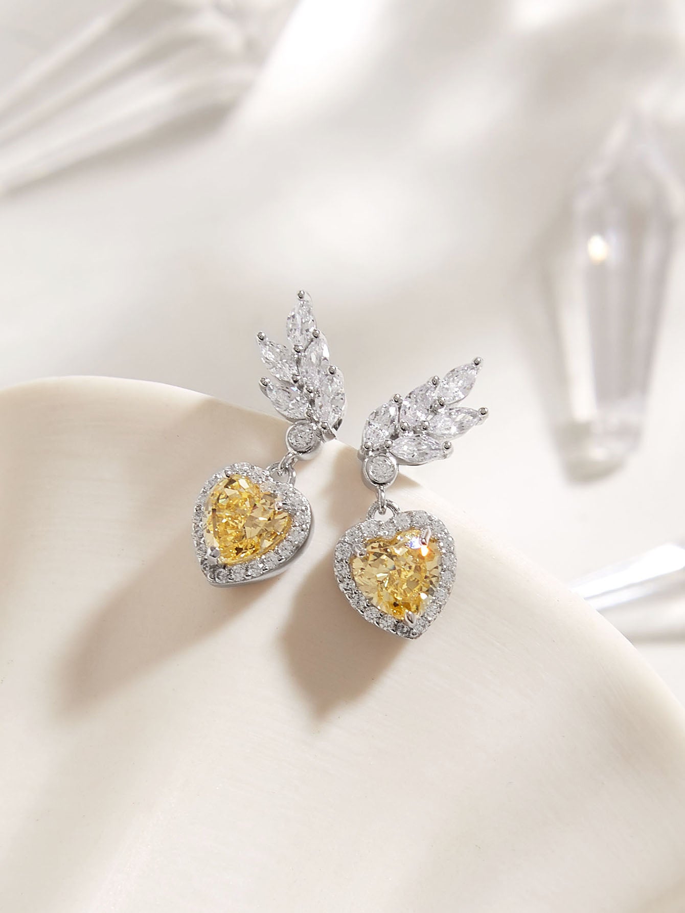 S925 Silver Yellow Heart Ice Leaf CZ Stud Earrings