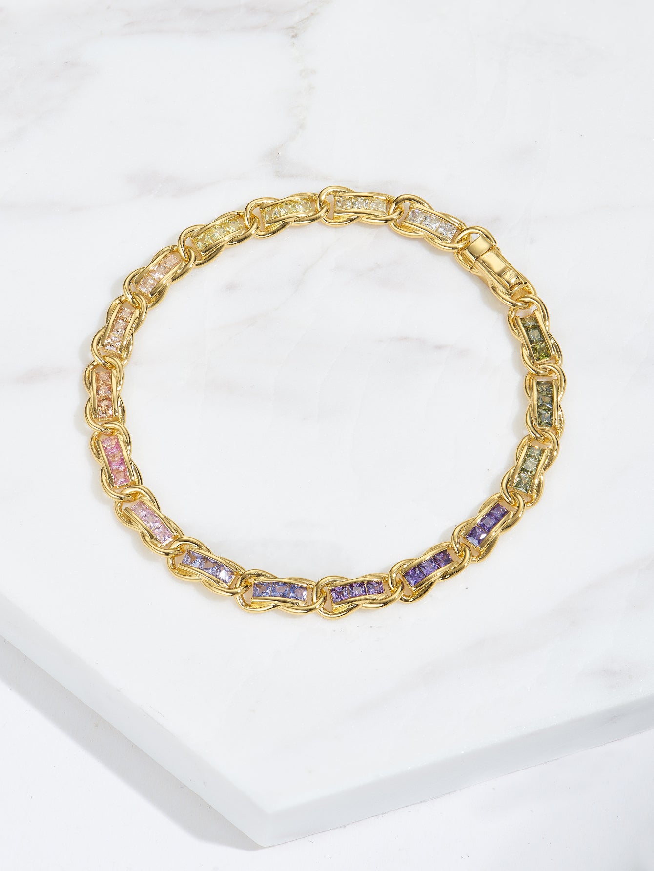 S925 Sterling Silver 18K Gold Plated Luxury Chain Bracelet with Rainbow Zircon